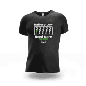 Black T-shirt with low battery and sleep message for lazy days.