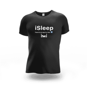 Black iSleep T-shirt with sleep app icon and slogan for sleep lovers.